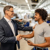 Essential Pros Staffing Franchise Business executive shakes workers hand